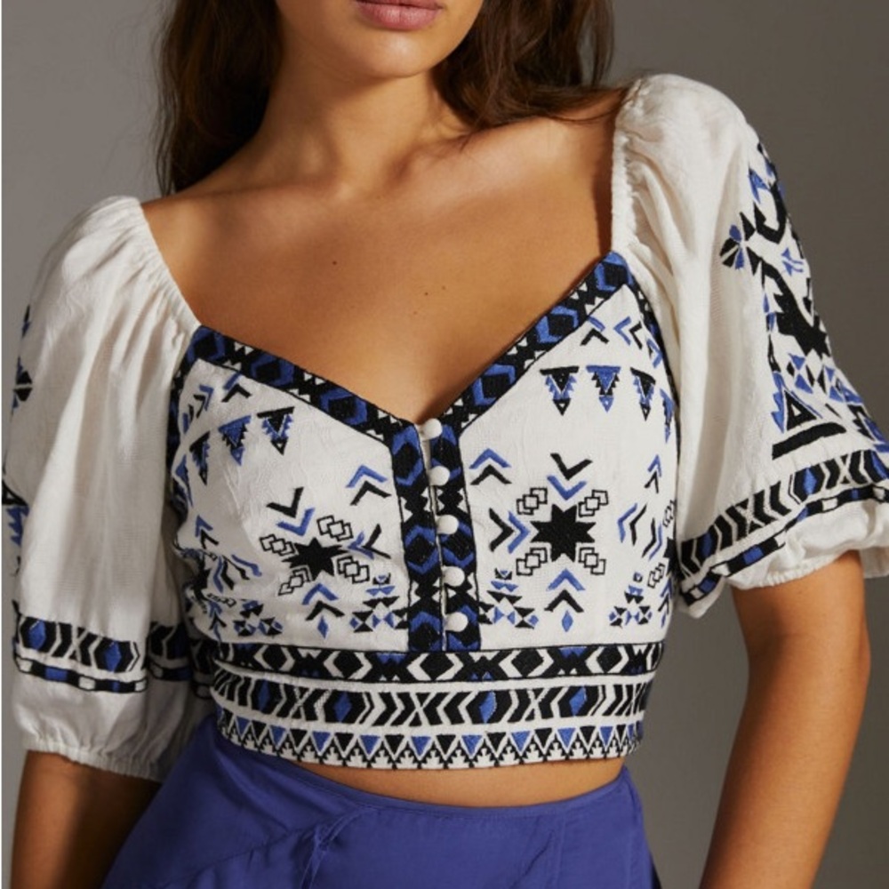 Anthropologie White Embroidered Cropped Peasant Top with Blue and Black Accents